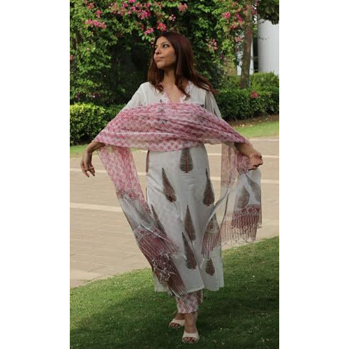 ANNI DESIGNER Women's Rayon Blend Straight Printed Kurta with Pant & Dupatta (Basvan White_S_White_Small)