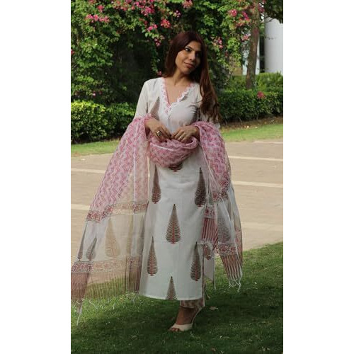 ANNI DESIGNER Women's Rayon Blend Straight Printed Kurta with Pant & Dupatta (Basvan White_S_White_Small)