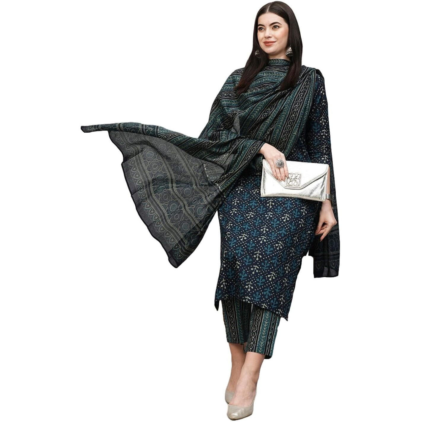 ANNI DESIGNER Women's Cotton Blend Straight Printed Kurta with Pant & Dupatta (Vakula Green_M_Green_Medium)