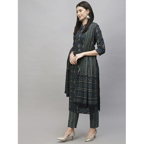 ANNI DESIGNER Women's Cotton Blend Straight Printed Kurta with Pant & Dupatta (Vakula Green_M_Green_Medium)