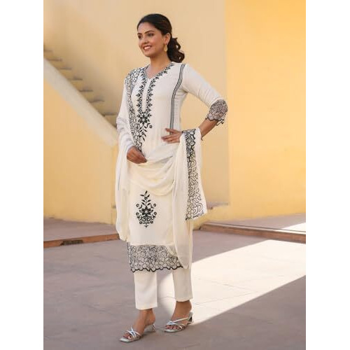 ANNI DESIGNER Women's Rayon Blend Embroidered Straight Kurta with Pant & Dupatta (TRP-Off-White-NBH_XL_White_X-Large)
