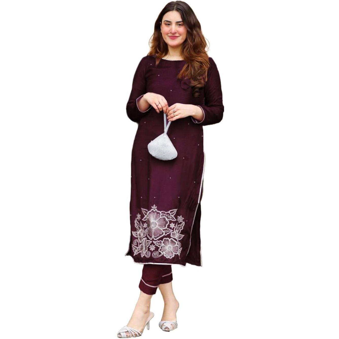 ANNI DESIGNER Women's Rayon Straight Embroidered Kurta with Pant Set (Pital-Wine-NW_S_Wine_Small)