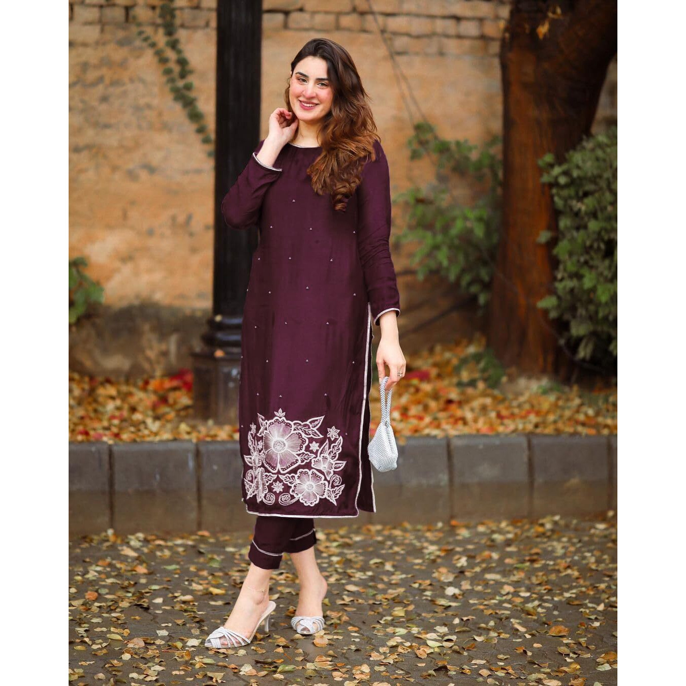 ANNI DESIGNER Women's Rayon Straight Embroidered Kurta with Pant Set (Pital-Wine-NW_S_Wine_Small)