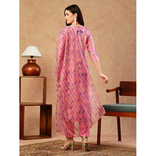 ANNI DESIGNER Women's Cotton Blend Straight Printed Kurta with Pant & Dupatta (Fataki Baby Pink_XXL_Pink_XX-Large)