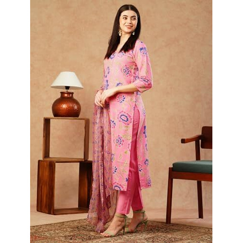 ANNI DESIGNER Women's Cotton Blend Straight Printed Kurta with Pant & Dupatta (Fataki Baby Pink_XXL_Pink_XX-Large)