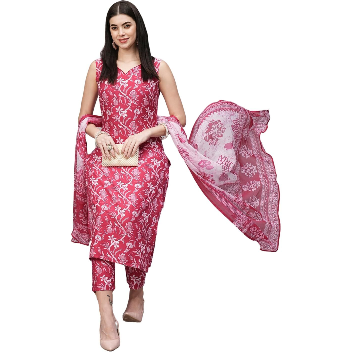 ANNI DESIGNER Women's Rayon Blend Straight Printed Kurta with Pant & Dupatta (Ball-Pink-RMS_XL_Pink_X-Large)