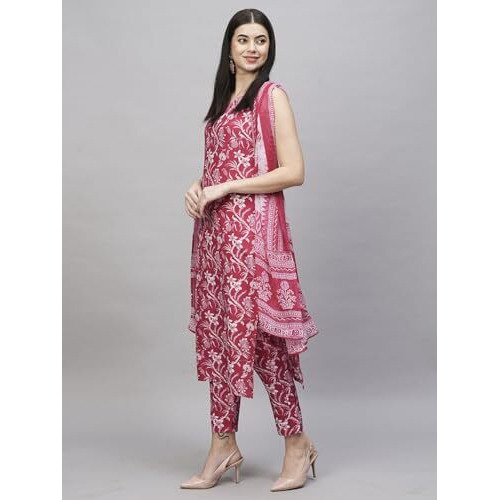ANNI DESIGNER Women's Rayon Blend Straight Printed Kurta with Pant & Dupatta (Ball-Pink-RMS_XL_Pink_X-Large)