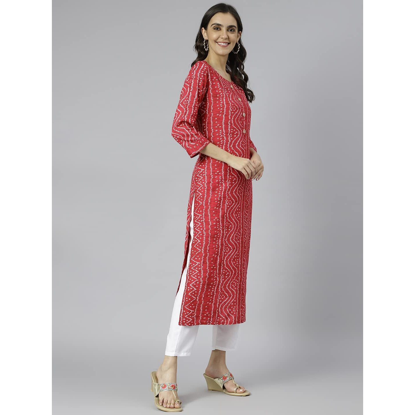 ANNI DESIGNER Women's Cotton Blend Straight Printed Kurta (Bandhani AMD Red_S_Red_Small)