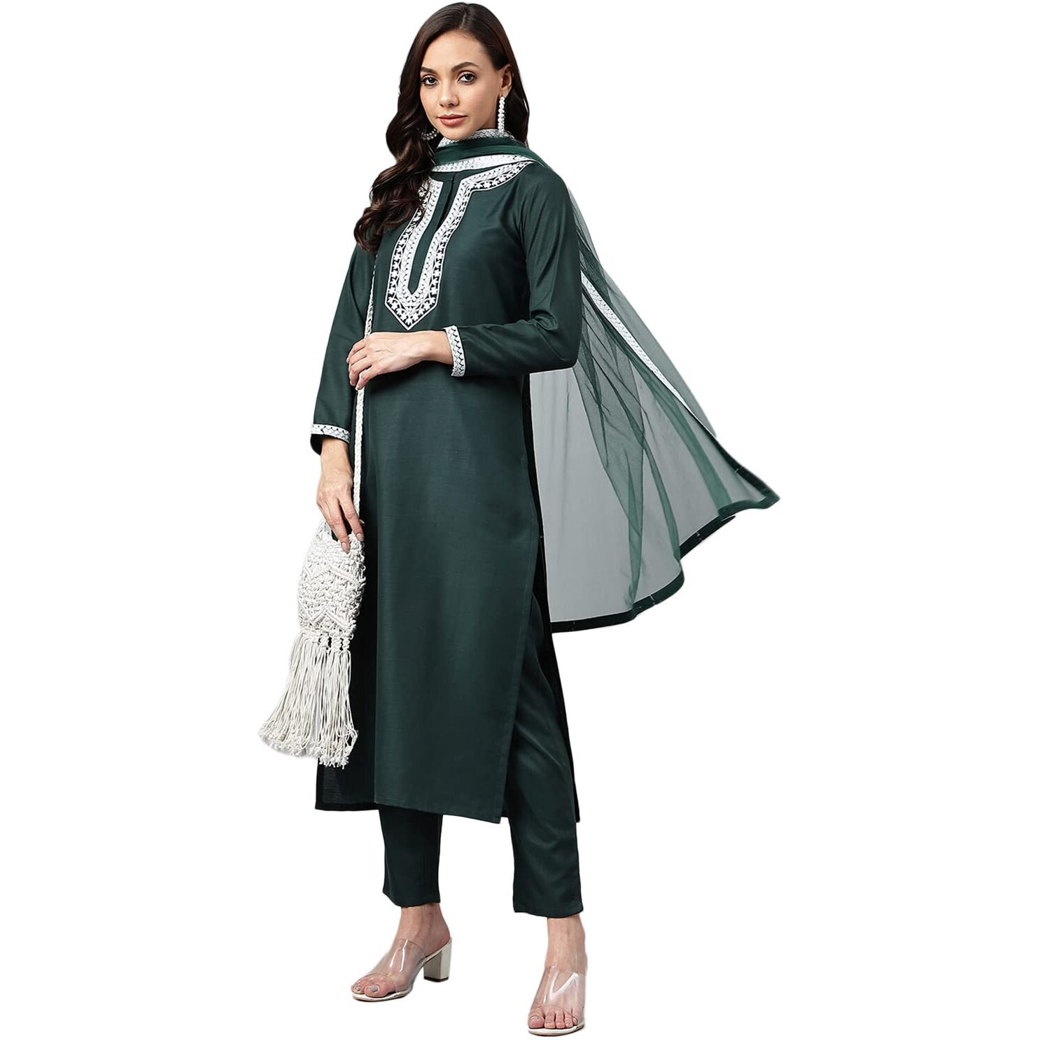 ANNI DESIGNER Women's Cotton Blend Straight Embroidered Kurta with Pant & Dupatta (Jagtara Green_XL_Green_X-Large)