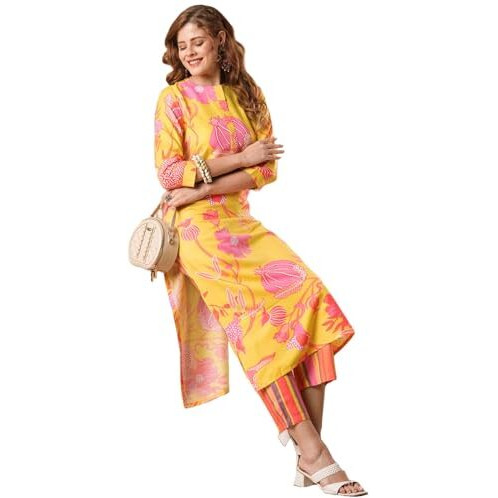 ANNI DESIGNER Women's Rayon Blend Straight Printed Kurta with Pant (Kalol Yellow-VKS01_S_Yellow_Small)