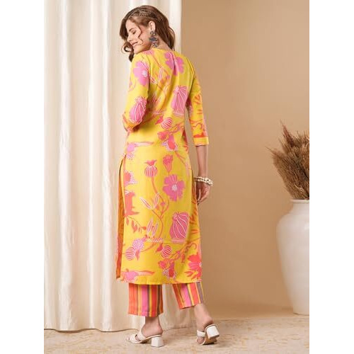 ANNI DESIGNER Women's Rayon Blend Straight Printed Kurta with Pant (Kalol Yellow-VKS01_S_Yellow_Small)