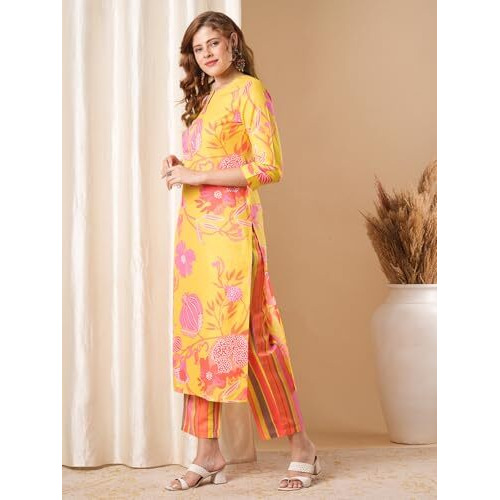 ANNI DESIGNER Women's Rayon Blend Straight Printed Kurta with Pant (Kalol Yellow-VKS01_S_Yellow_Small)