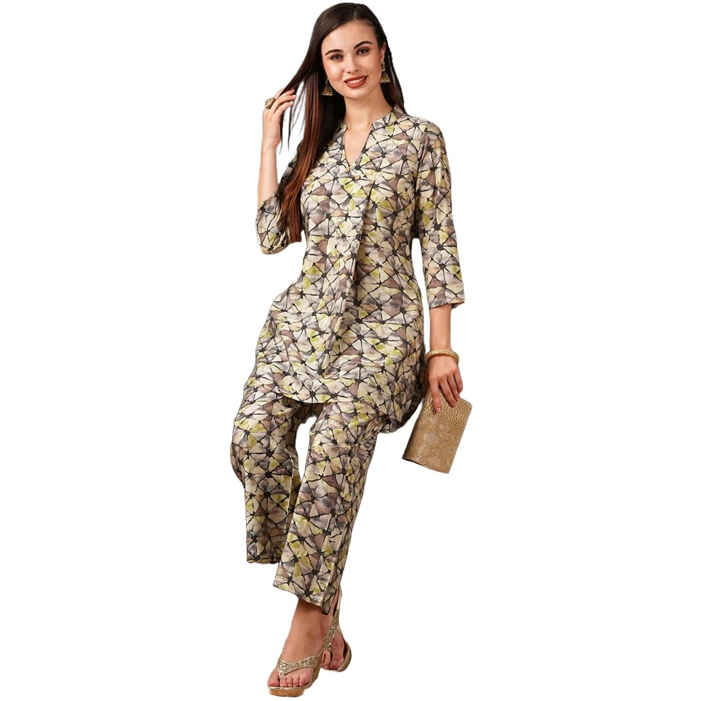 ANNI DESIGNER Women's Cotton Blend Printed Ethnic Co-ord Set (AYS Grey-NW_M_Grey_Medium)