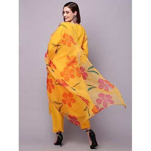 ANNI DESIGNER Women's Cotton Blend Straight Embroidered Kurta with Pant & Dupatta (GOMTI Yellow-NW_S_Yellow_Small)