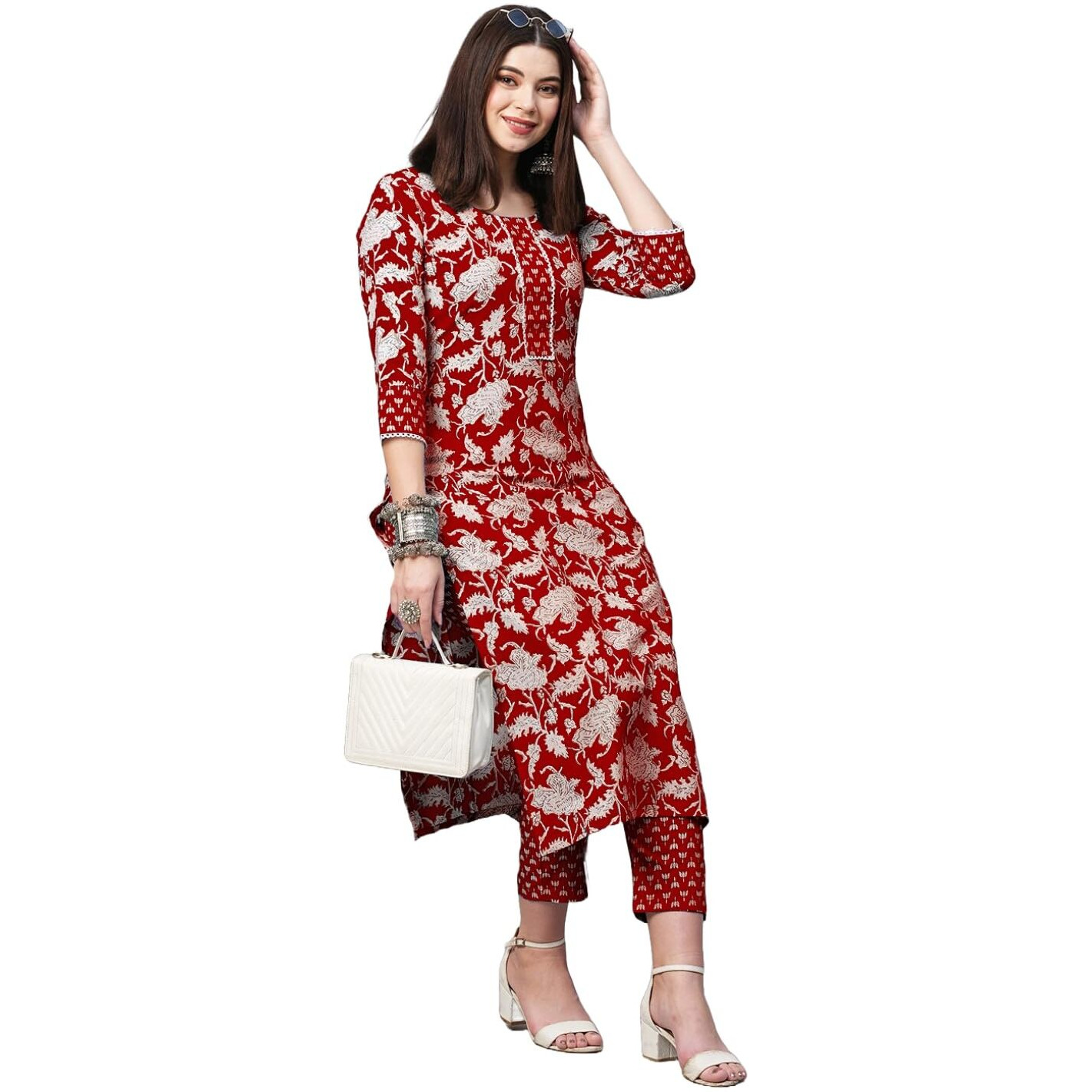 ANNI DESIGNER Women's Cotton Blend Printed Straight Kurta with Pant (Pustak Red_S_Begani_Small)