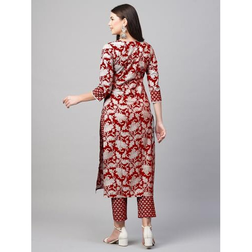 ANNI DESIGNER Women's Cotton Blend Printed Straight Kurta with Pant (Pustak Red_S_Begani_Small)