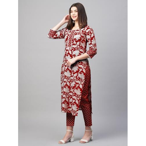 ANNI DESIGNER Women's Cotton Blend Printed Straight Kurta with Pant (Pustak Red_S_Begani_Small)