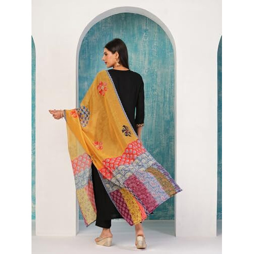 ANNI DESIGNER Women's Cotton Blend Embroidered Straight Kurta with Pant & Dupatta (Fronx Black-NW_M_Black_Medium)