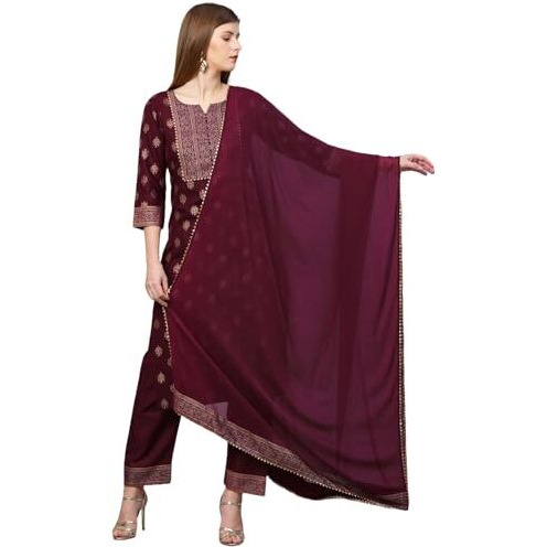 ANNI DESIGNER Women's Cotton Blend Straight Printed Kurta with Pant & Dupatta (Coco Wine-SM_XL_Wine_X-Large)