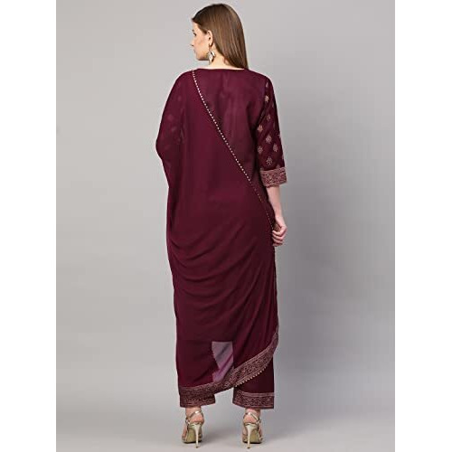 ANNI DESIGNER Women's Cotton Blend Straight Printed Kurta with Pant & Dupatta (Coco Wine-SM_XL_Wine_X-Large)