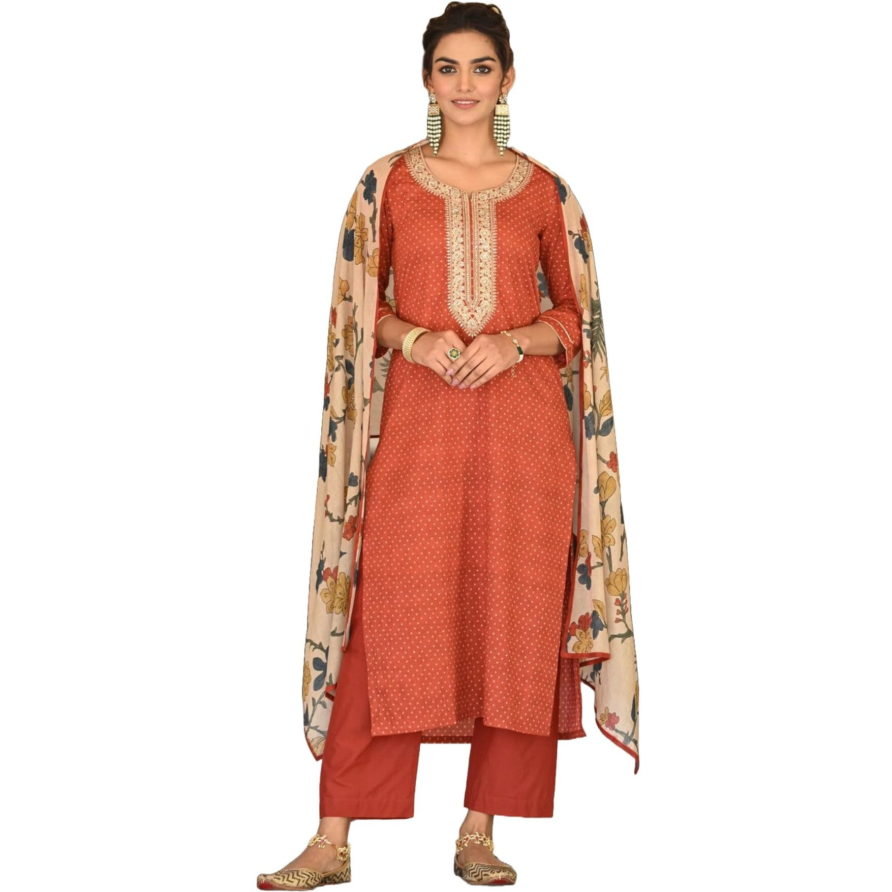 ANNI DESIGNER Women's Cotton Blend Printed Straight Kurta and Pants with Dupatta (Pradrarekha Red_XL_Red_X-Large)