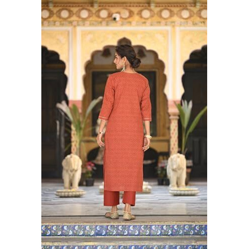 ANNI DESIGNER Women's Cotton Blend Printed Straight Kurta and Pants with Dupatta (Pradrarekha Red_XL_Red_X-Large)
