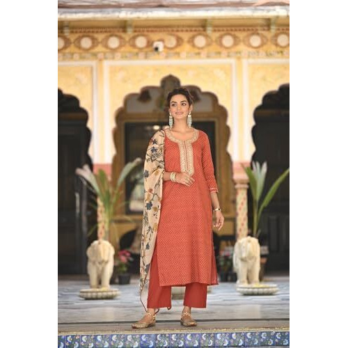ANNI DESIGNER Women's Cotton Blend Printed Straight Kurta and Pants with Dupatta (Pradrarekha Red_XL_Red_X-Large)