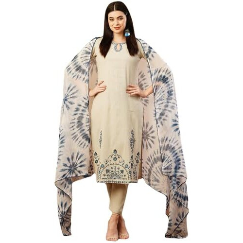 ANNI DESIGNER Women's Cotton Blend Straight Embroidered Kurta with Pant & Dupatta (BHAVI Blue_XL_Blue_X-Large)