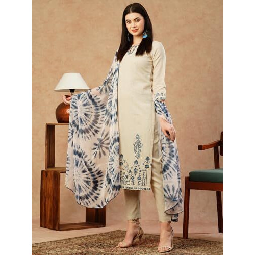 ANNI DESIGNER Women's Cotton Blend Straight Embroidered Kurta with Pant & Dupatta (BHAVI Blue_XL_Blue_X-Large)