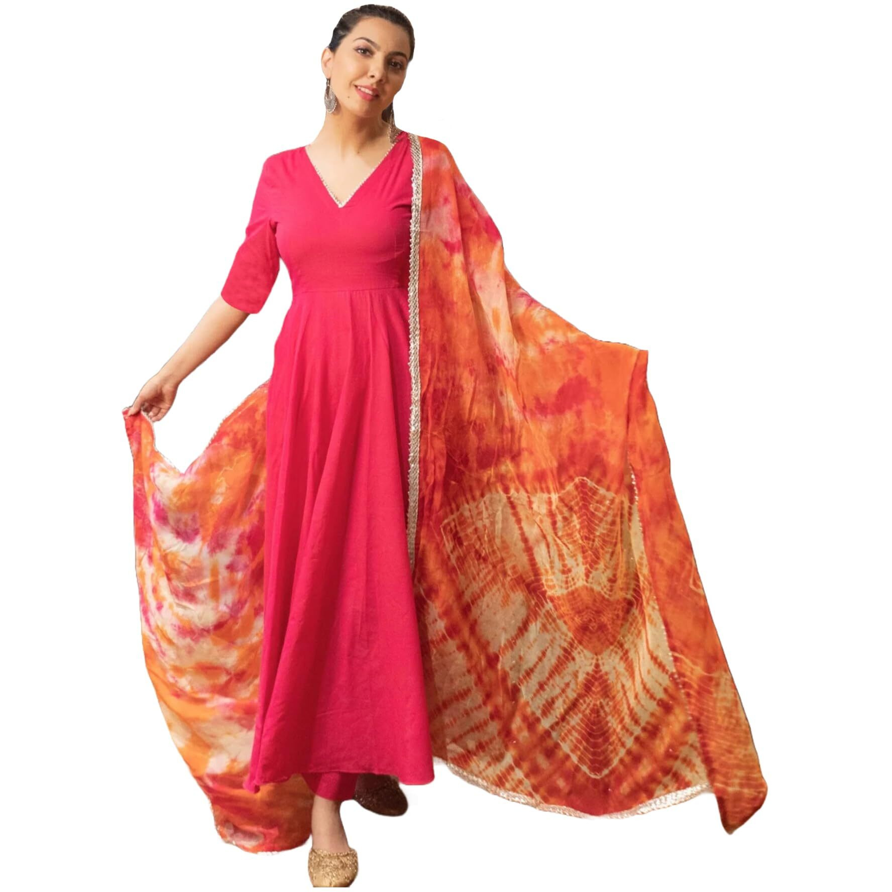 ANNI DESIGNER Women's Rayon Blend Anarkali Solid Kurta with Pant & Dupatta (Bette Pink_S_Pink_Small)