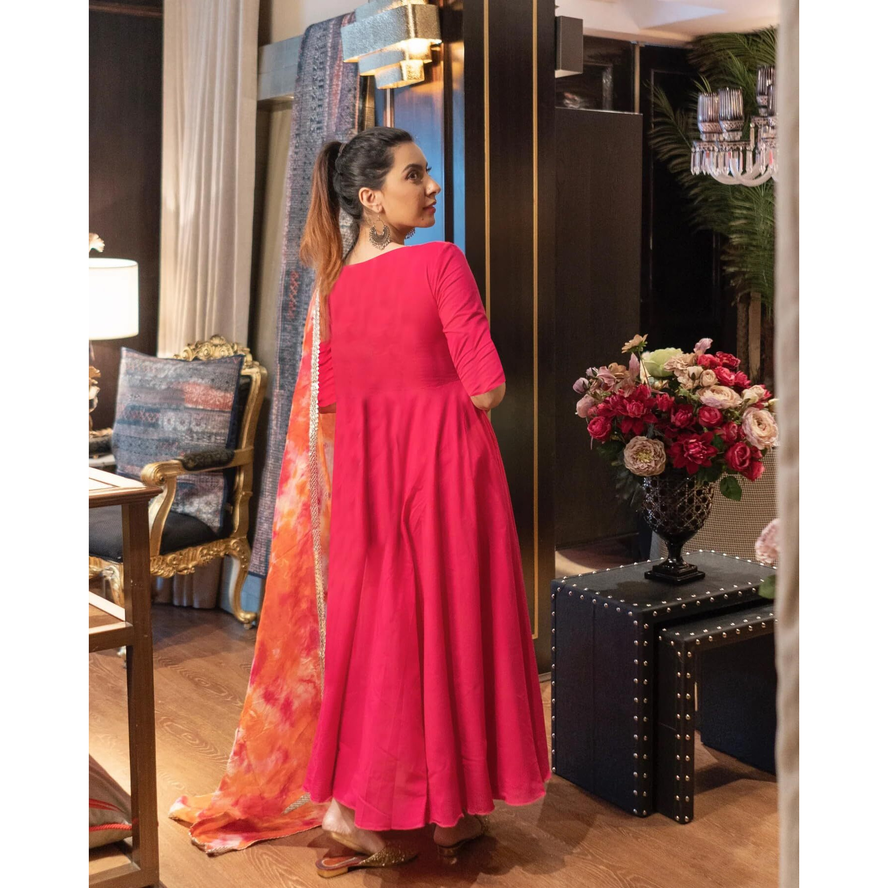 ANNI DESIGNER Women's Rayon Blend Anarkali Solid Kurta with Pant & Dupatta (Bette Pink_S_Pink_Small)