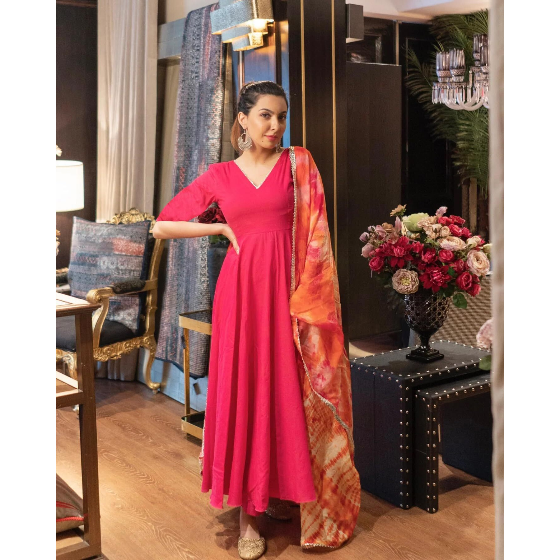 ANNI DESIGNER Women's Rayon Blend Anarkali Solid Kurta with Pant & Dupatta (Bette Pink_S_Pink_Small)