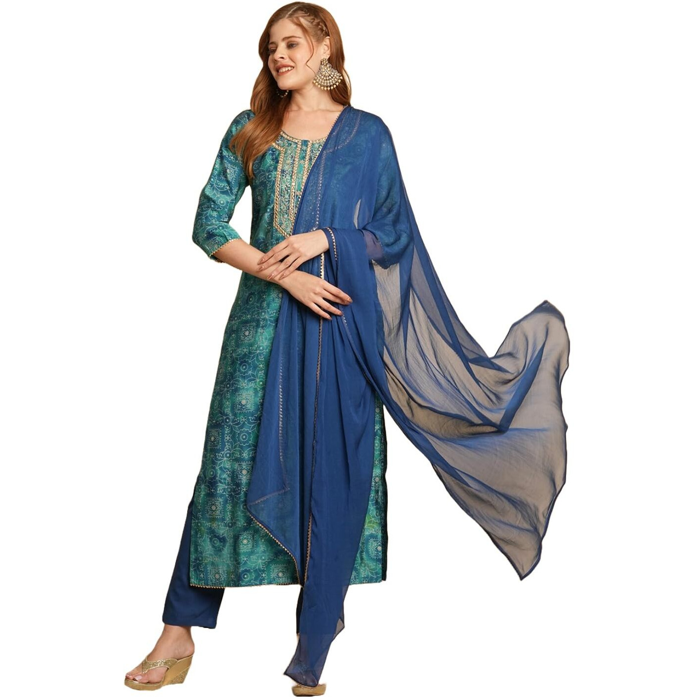 ANNI DESIGNER Women's Cotton Blend Straight Printed Kurta with Pant & Dupatta (Sharvi Blue_S_Blue_Small)
