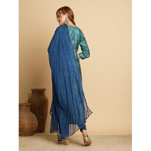 ANNI DESIGNER Women's Cotton Blend Straight Printed Kurta with Pant & Dupatta (Sharvi Blue_S_Blue_Small)