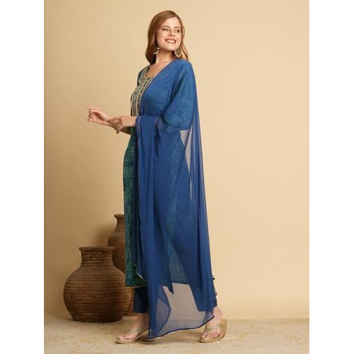 ANNI DESIGNER Women's Cotton Blend Straight Printed Kurta with Pant & Dupatta (Sharvi Blue_S_Blue_Small)