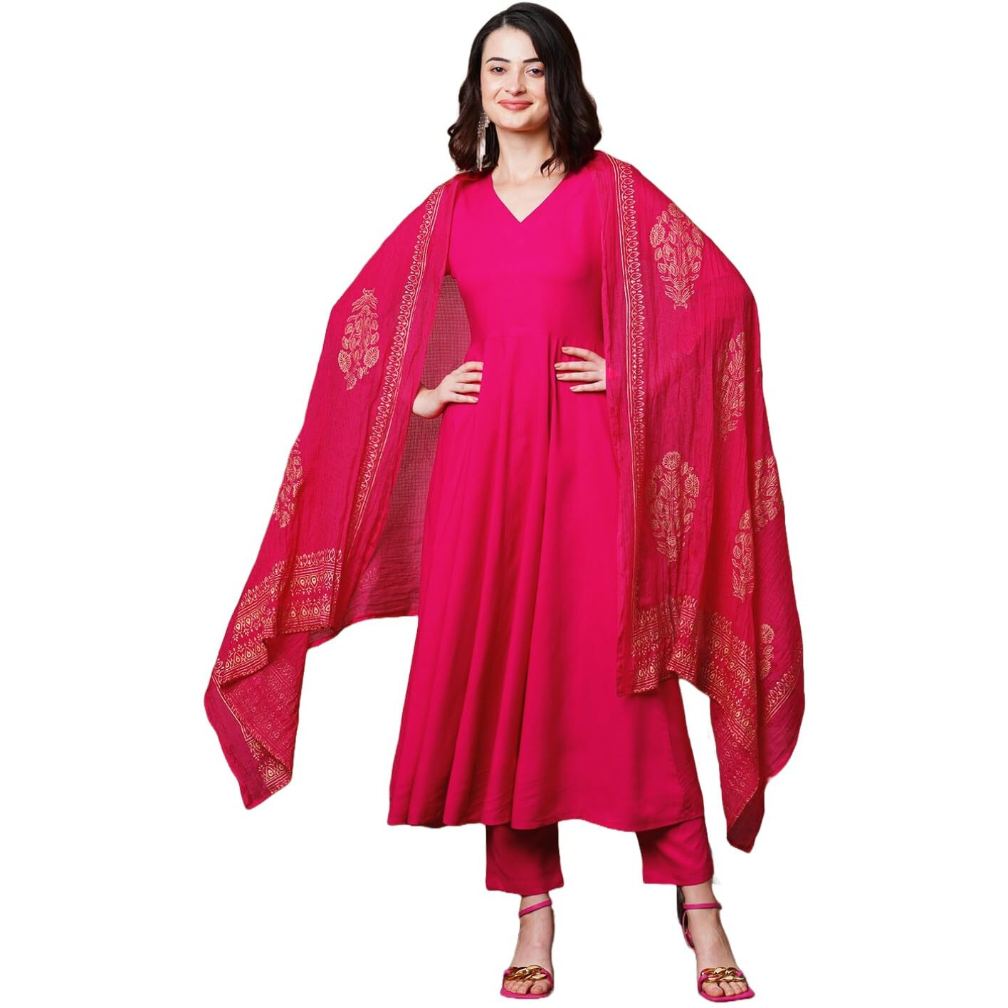 ANNI DESIGNER Women's Rayon Blend Solid Anarkali Kurta with Pant & Dupatta (Magic-Pink-NB_M_Pink_Medium)