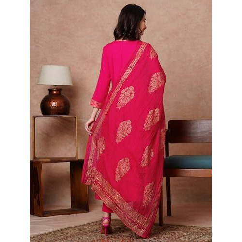 ANNI DESIGNER Women's Rayon Blend Solid Anarkali Kurta with Pant & Dupatta (Magic-Pink-NB_M_Pink_Medium)