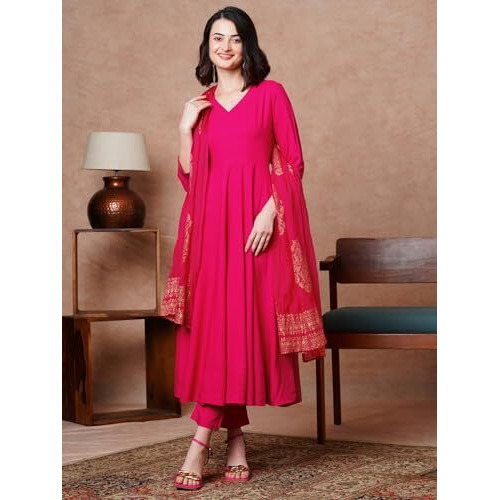 ANNI DESIGNER Women's Rayon Blend Solid Anarkali Kurta with Pant & Dupatta (Magic-Pink-NB_M_Pink_Medium)