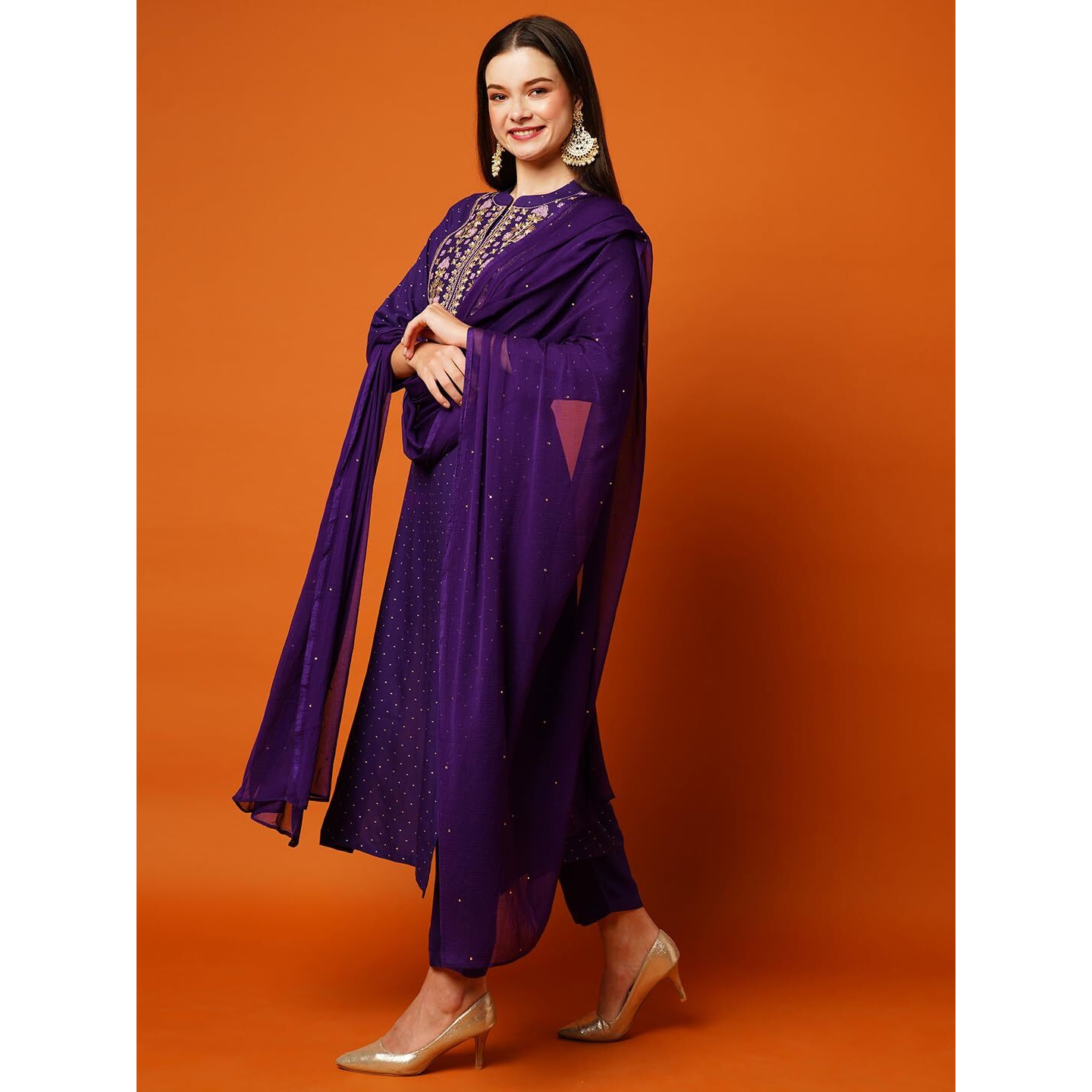 ANNI DESIGNER Women's Cotton Blend Straight Printed Kurta with Pant & Dupatta (RAJI-BEGANI-NW_S_Violet_Small)