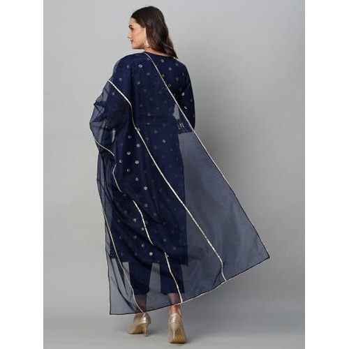 ANNI DESIGNER Women's Cotton Blend Straight Printed Kurta with Pant & Dupatta (Thakor Blue_L_Blue_Large)