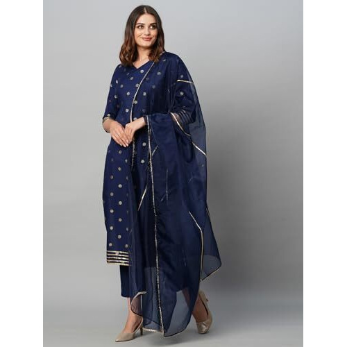 ANNI DESIGNER Women's Cotton Blend Straight Printed Kurta with Pant & Dupatta (Thakor Blue_L_Blue_Large)