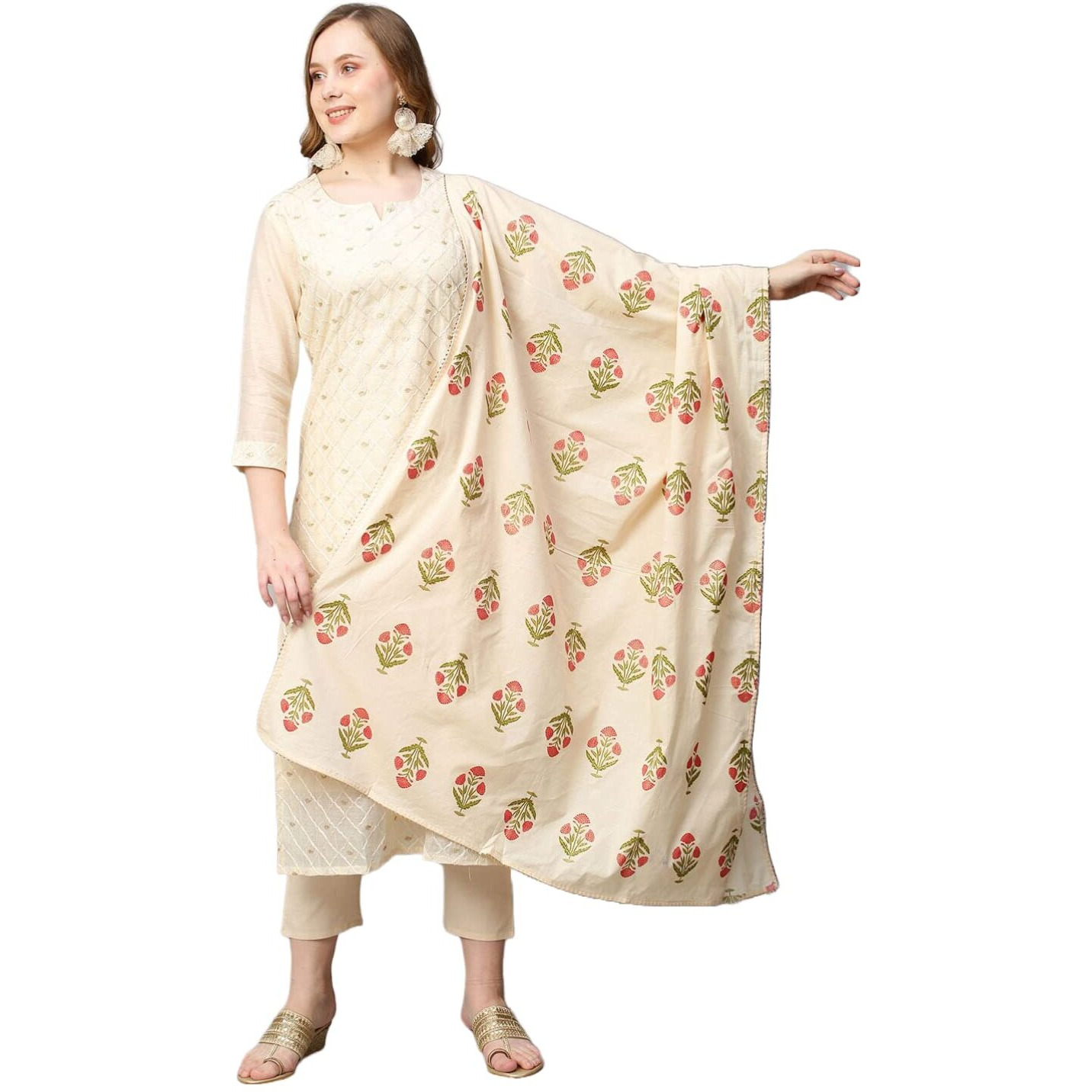 ANNI DESIGNER Women's Cotton Blend Embroidered Straight Kurta with Pant & Dupatta (MYSURU-Cream_S_Cream_Small)