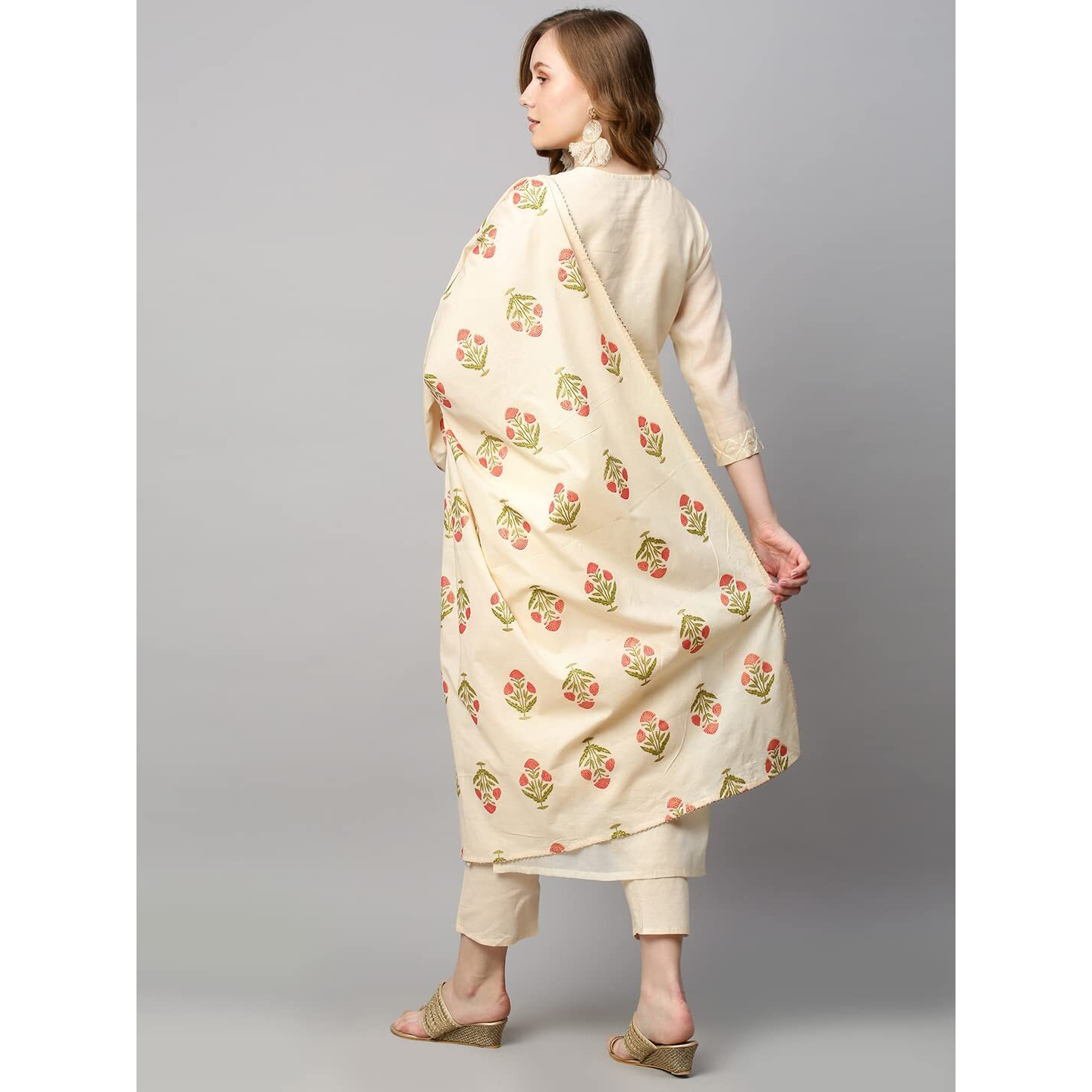 ANNI DESIGNER Women's Cotton Blend Embroidered Straight Kurta with Pant & Dupatta (MYSURU-Cream_S_Cream_Small)