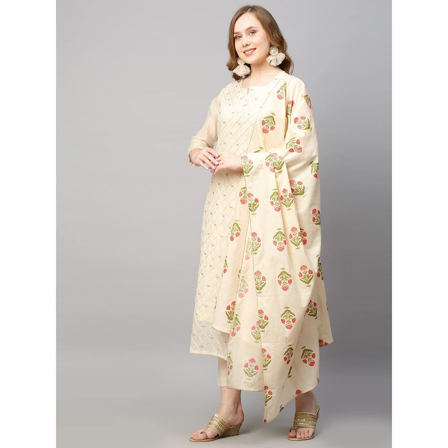 ANNI DESIGNER Women's Cotton Blend Embroidered Straight Kurta with Pant & Dupatta (MYSURU-Cream_S_Cream_Small)