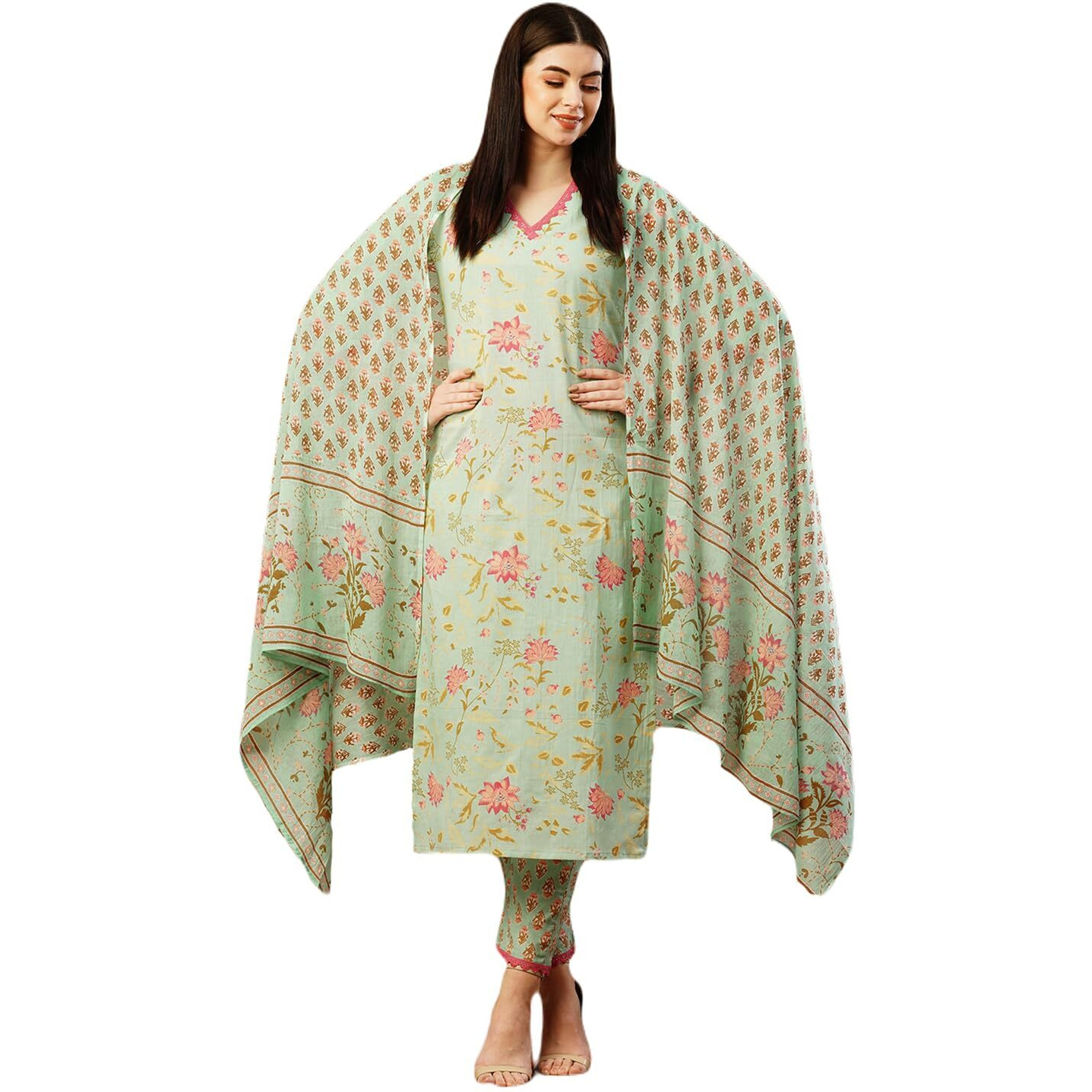 ANNI DESIGNER Women's Cotton Blend Straight Printed Kurta with Pant & Dupatta (DRPO Wine_S_Wine_Small)