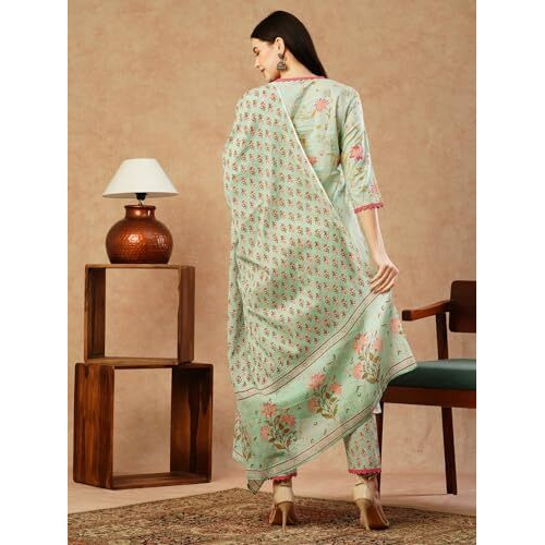ANNI DESIGNER Women's Cotton Blend Straight Printed Kurta with Pant & Dupatta (DRPO Wine_S_Wine_Small)