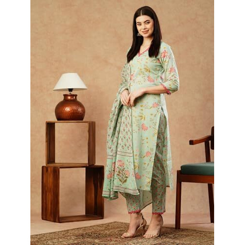 ANNI DESIGNER Women's Cotton Blend Straight Printed Kurta with Pant & Dupatta (DRPO Wine_S_Wine_Small)
