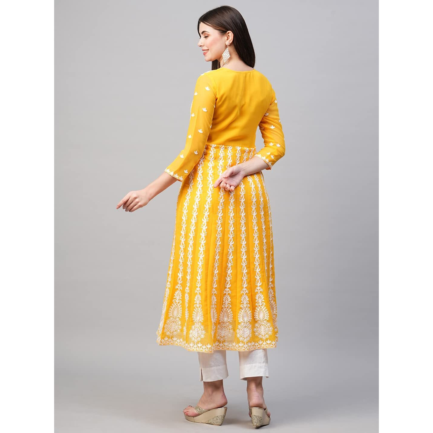 ANNI DESIGNER Women's Georgette Chikankari Embroidered Anarkali Kurti (Naav Yellow-Nw2_M_Yellow_Medium)