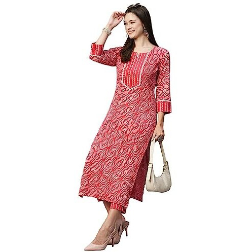 ANNI DESIGNER Women's Cotton Blend Straight Floral Printed Kurta and Pant (Kaveri Pink-SM_S_Pink_Small)