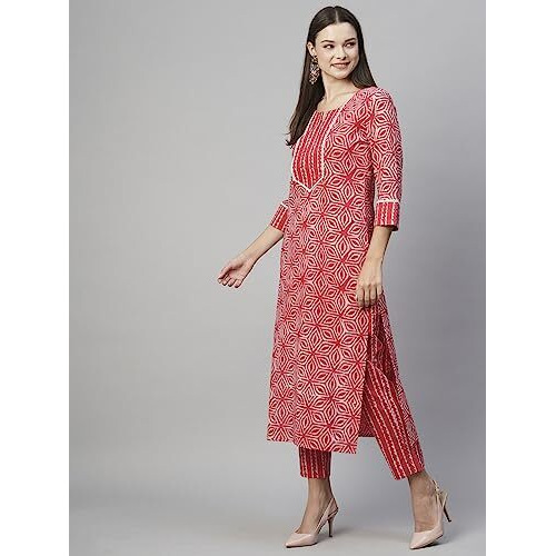 ANNI DESIGNER Women's Cotton Blend Straight Floral Printed Kurta and Pant (Kaveri Pink-SM_S_Pink_Small)